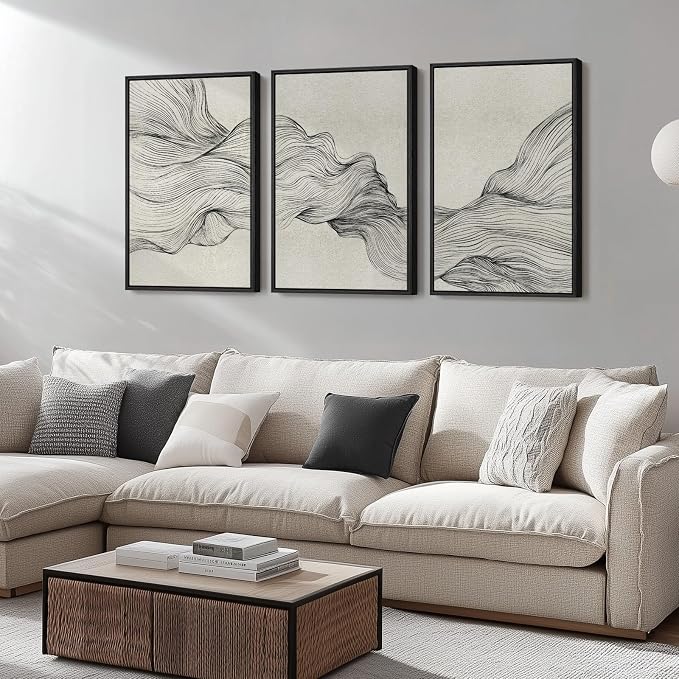 Large Framed Black and Beige Neutral Abstract Wall Art - Image 2
