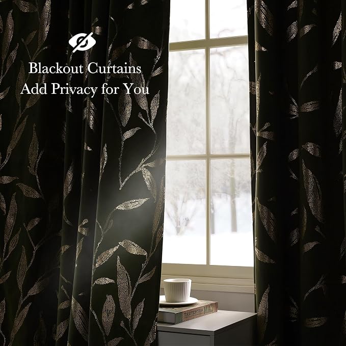 NICETOWN Leaf Patterned Green Velvet Curtains 96 inches Long 2 Panels Gold Foil - Image 7