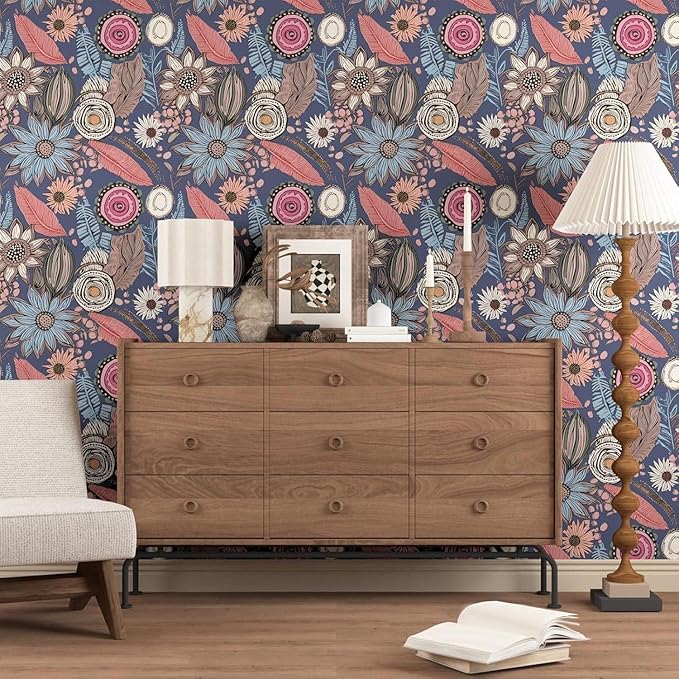 Blue Pink Wallpaper Peel and Stick, Vintage Boho Floral Contact Paper 17.5" x - Image 5