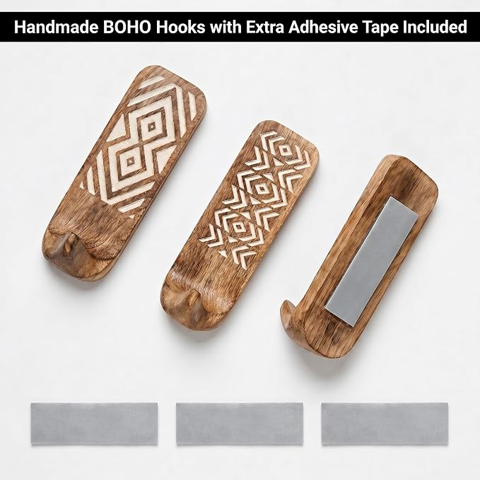 Indian Shelf 10 LB Decorative Wood Adhesive Wall Hooks – Boho Peel and Stick - Image 6