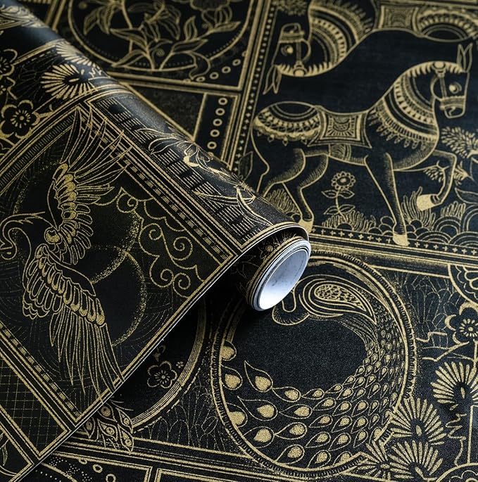 Erfoni 197"x17.7" Black and Gold Wallpaper Vintage Self Adhesive Peel and Stick by Erfoni