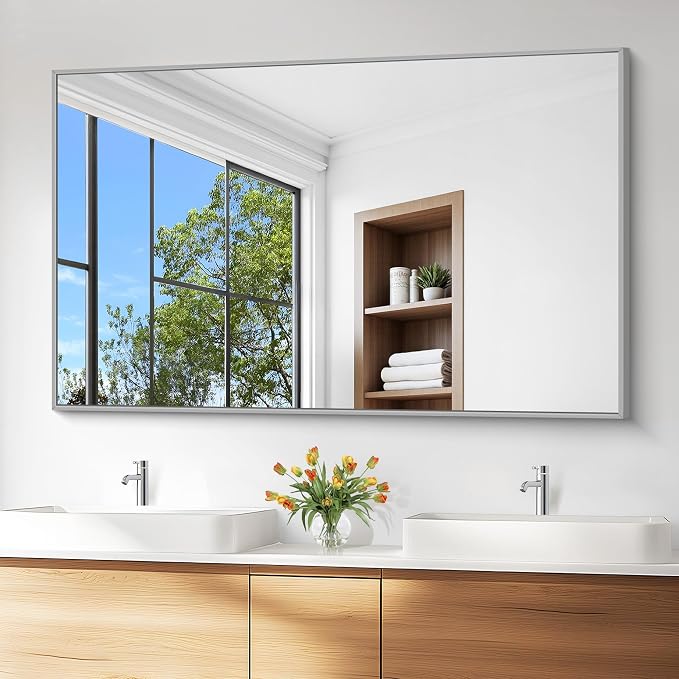 KOCUUY Silver Bathroom Mirror, HD Tempered Glass, Anti-Rust Brushed Silver Frame by KOCUUY