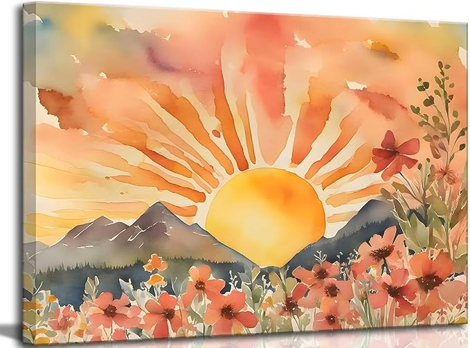 Boho Sun Canvas Wall art Mid-Century Modern Abstract Bohemian Sunset in The by SXHANJXT