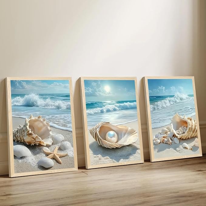 SYWENNOI 3 Piece Wood Framed Beach Wall Art, Sandy Shore, Pearl in Shell - Image 5