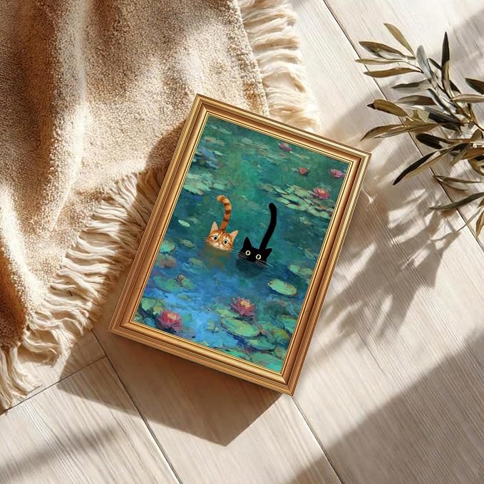 Fantasy Artists Gold Framed Wall Art Prints, Two Swimming Cats in Lotus Pond - Image 3