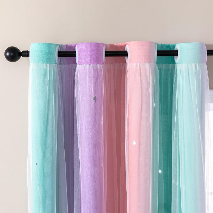 XiDi Curtains for Bedroom Decor, Rainbow PinkPuGreen-52-45 - Image 2