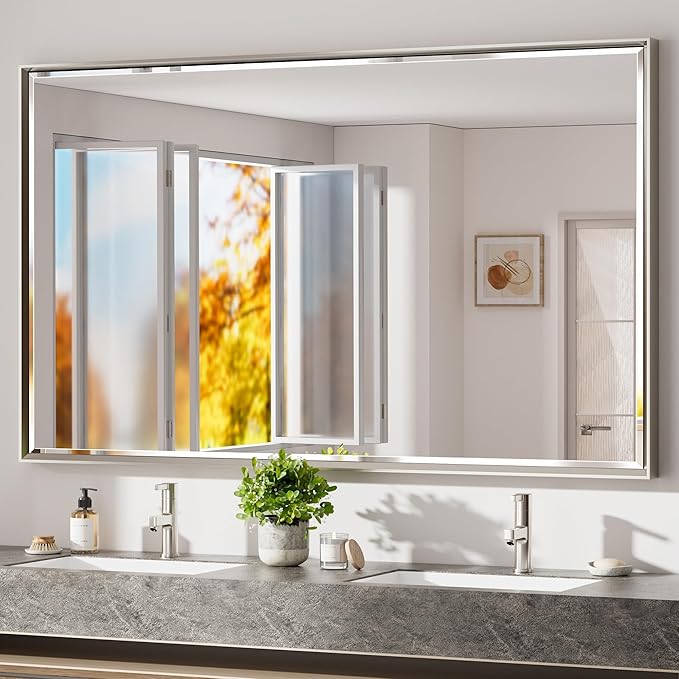 60 x 36 Brushed Nickel Bathroom Mirror, Beveled Framed Rectangle by QUEENFUN