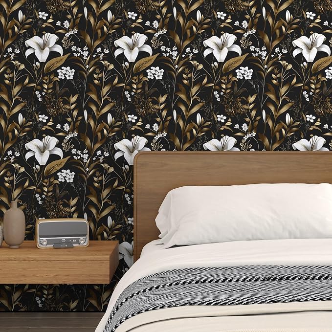 Laatse Black White Floral Wallpaper Peel and Stick, Dark Gold Vintage Contact - Image 5