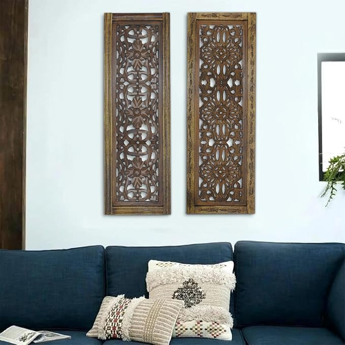 Floral Hand Carved Wooden Wall Panels Set of 2, Rustic Brown Decorative Wall Art - Image 11