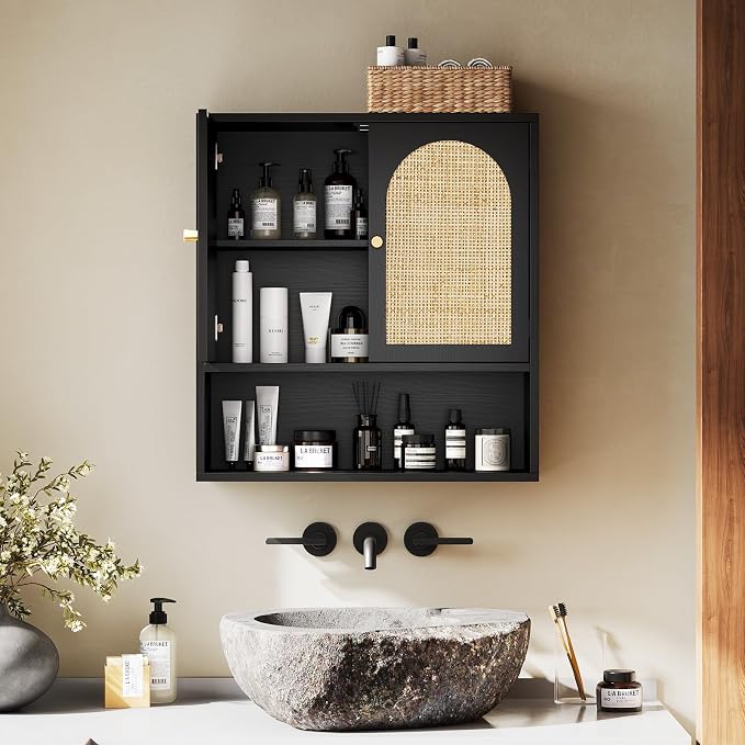 VINGLI Black Rattan Medicine Cabinet Wall Mounted, Arched Modern Farmhouse - Image 10