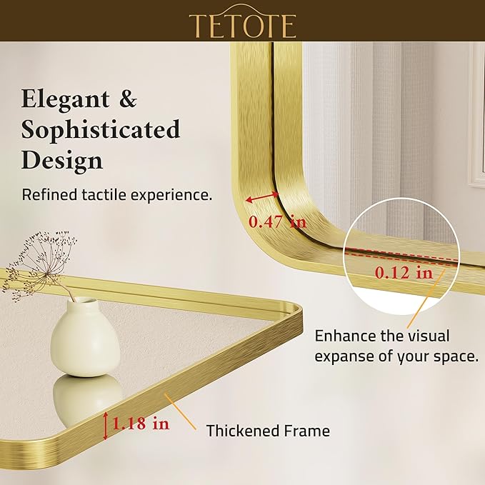TETOTE 16 x 24 Inch Brushed Gold Frame Mirror, Brass Gold Bathroom Vanity Mirror - Image 5
