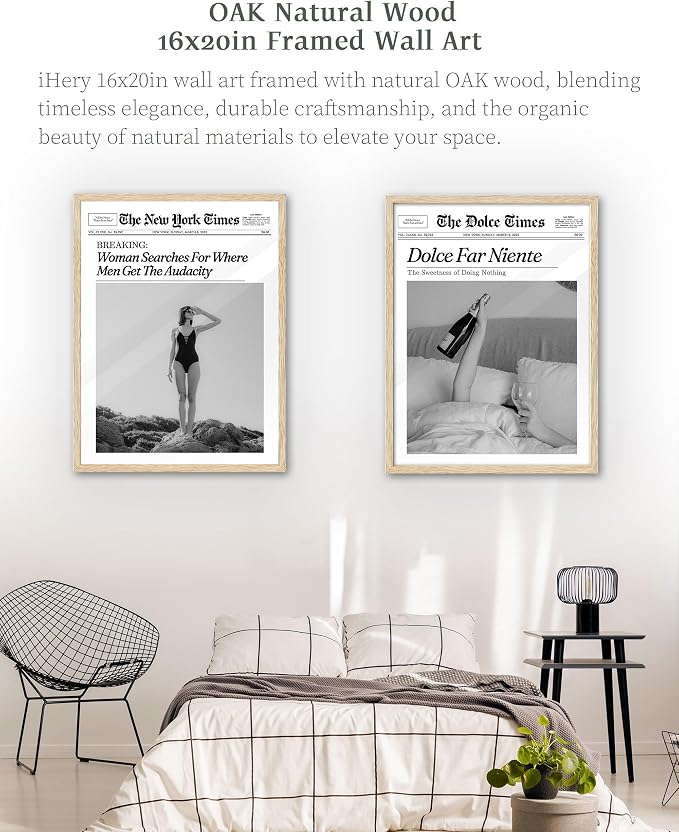 iHery Dolce Far Niente Framed Trendy NewsPaper Wall Art, Natural OAK Wood Large - Image 5