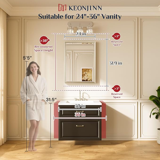 Keonjinn Brushed Nickel Bathroom Mirrors 24" x 32", HD Tempered Glass - Image 2