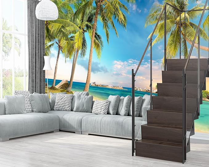 XMPMBM-Beach Palms Landscaping Fabric Wallpaper Tree Leaf Living Room Bedroom - Image 3