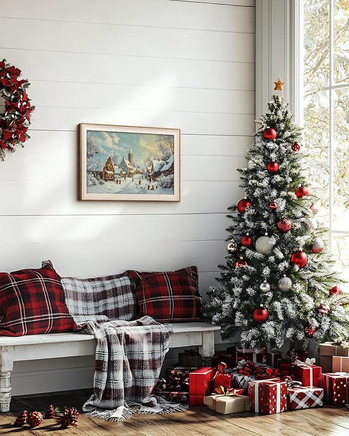 VIYYIEA Winter Framed Wall Art for Living Room, Snow Village Canvas Prints - Image 7