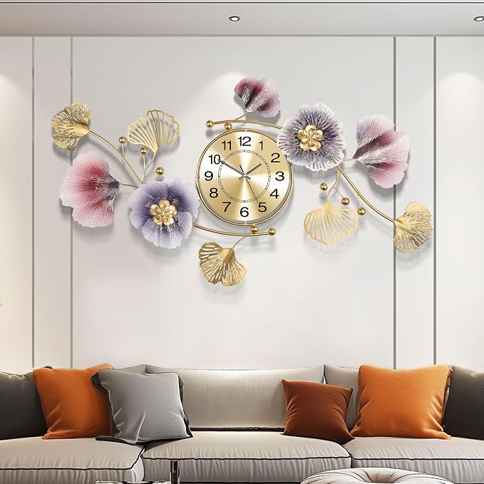 Wall Clocks for Living Room Decor, Large Wall Clock, 3D Creative Metal Ginkgo by Axioglo