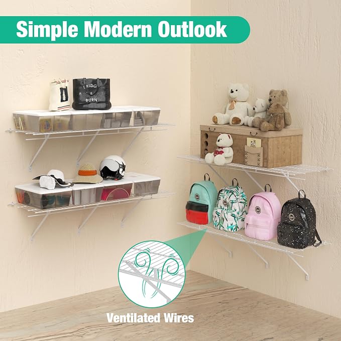 HAUSHOF Closet Shelves Wall Mounted 4-Pack, 4ft x 16in White Metal Wire Shelving - Image 6