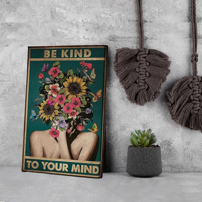 DIHSIEG Floral Canvas Wall Art Be Kind to Your Mind Vintage Poster Rimless - Image 6