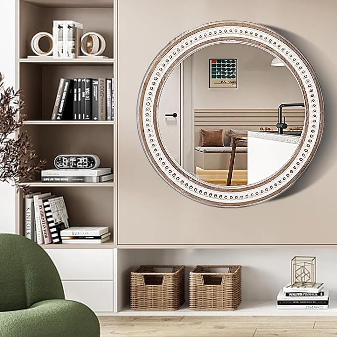 30 Inches Farmhouse Large Round Wall Mirrors Wooden, Rustic Decorative Circle - Image 5