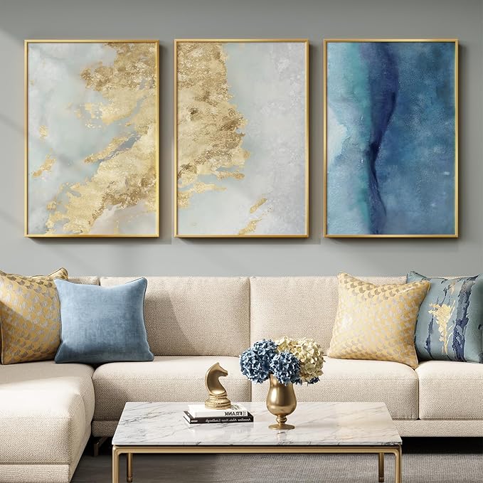 Large Framed Abstract Wall Art for Living Room, Luxury 3 Piece Canvas Blue by Cuspin