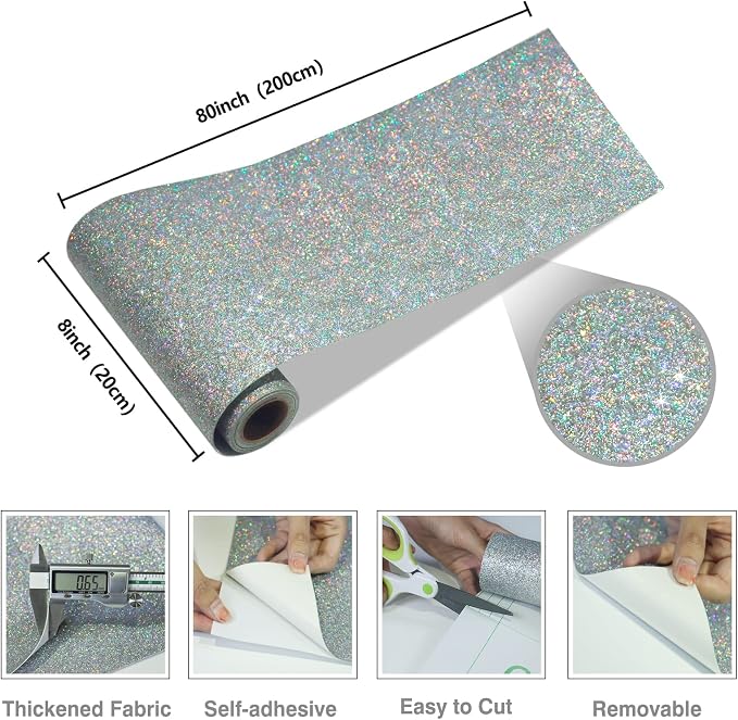 CRE8TIVE Silver Holographic Glitter Wallpaper Border Fabric Glitter Wallpaper - Image 6