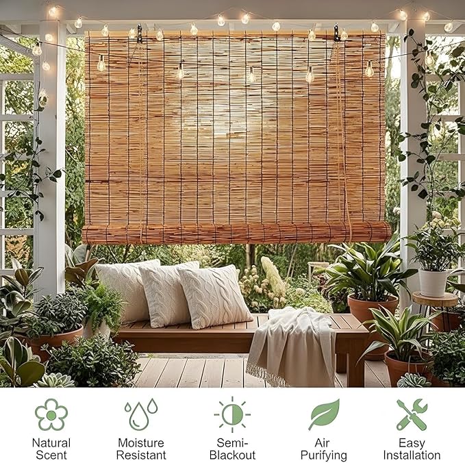 Blackout Bamboo Roller Shades for Outdoor Patio Reed Roll Up Blinds 24" 36" 48" - Image 3