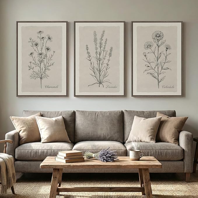 Framed Farmhouse Botanical Canvas Wall Art Set of 3, Large Vintage Neutral - Image 6