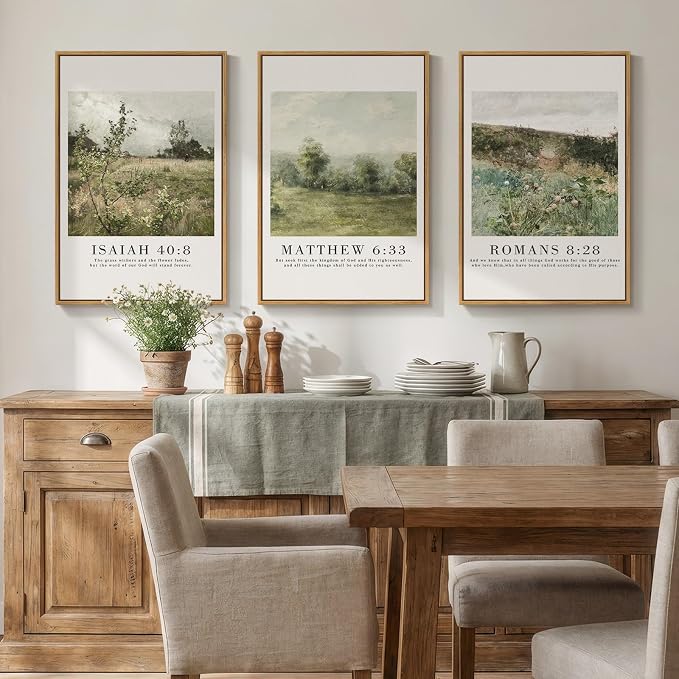Framed Vintage Christian Wall Art Set of 3, Rustic Wildflower Landscape Bible - Image 3