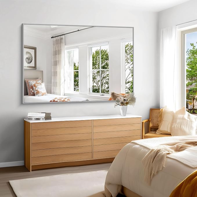 KOCUUY Silver Bathroom Mirror, HD Tempered Glass, Anti-Rust Brushed Silver Frame - Image 3