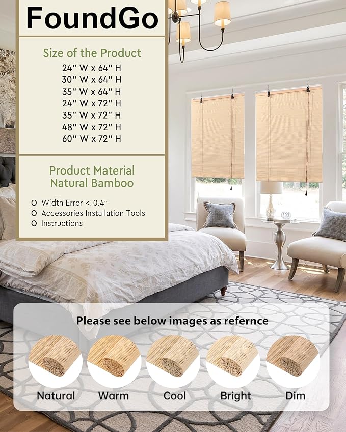 FoundGo Retro Bamboo Blinds 60" W x 72" H Bamboo Roman Shades Light Filtering - Image 2