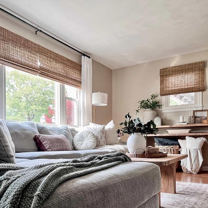 TWOPAGES Natural Woven Jute Roman Shades, Custom Cordless No Drill or Motorized - Image 2