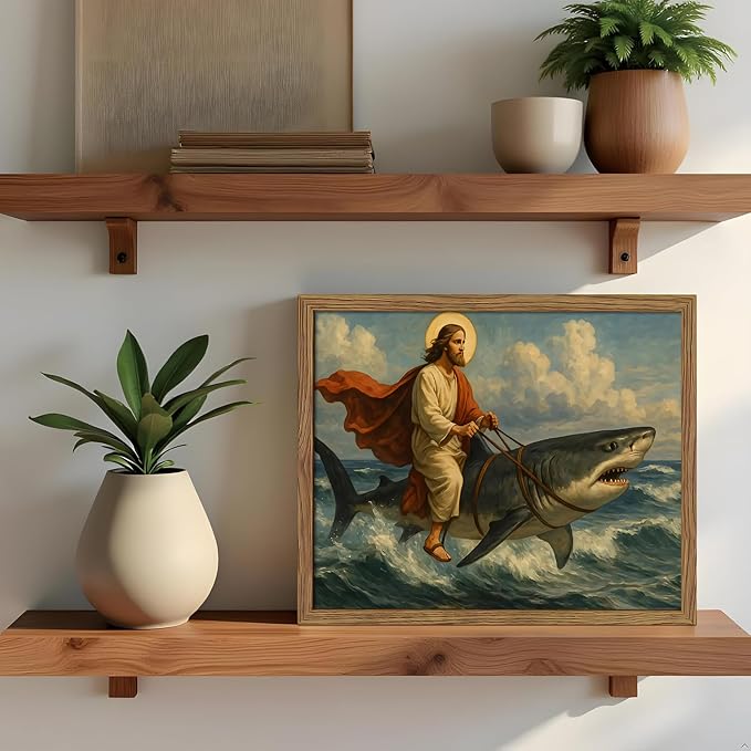 Framed Jesus Riding a Shark Wall Art, Humorous Christian Canvas Print, Fun - Image 2