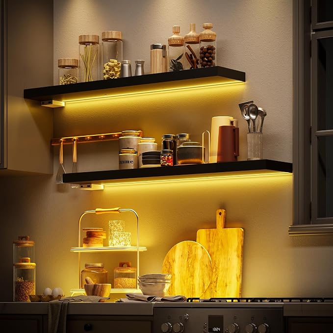 BAMEOS Floating Shelves with LED Light, Wall Mounted Wooden Shelves with - Image 6