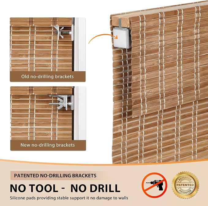 LazBlinds No Tools No Drill Cordless Bamboo Roman Shades, Custom Light - Image 3
