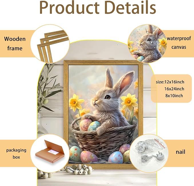 Easter Bunny Wall Art, Cute Rabbit Canvas Wall Decor Painting, Easter Eggs - Image 3