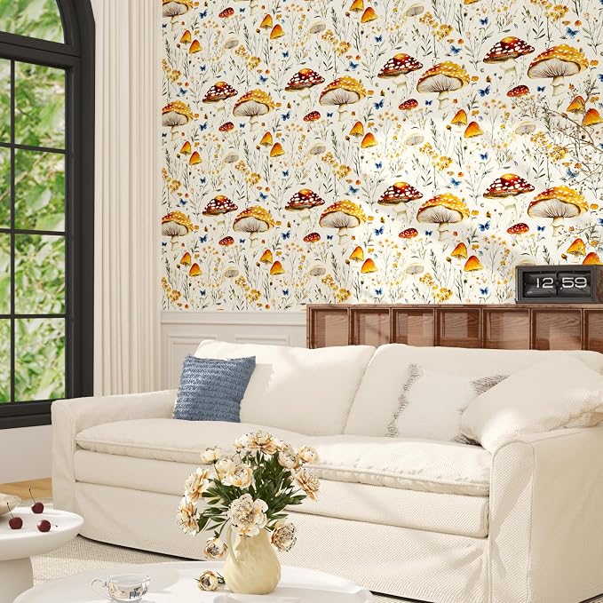 BOKEBEVE Mushroom Peel and Stick Wallpaper Beige Colorful Floral Contact Paper - Image 3