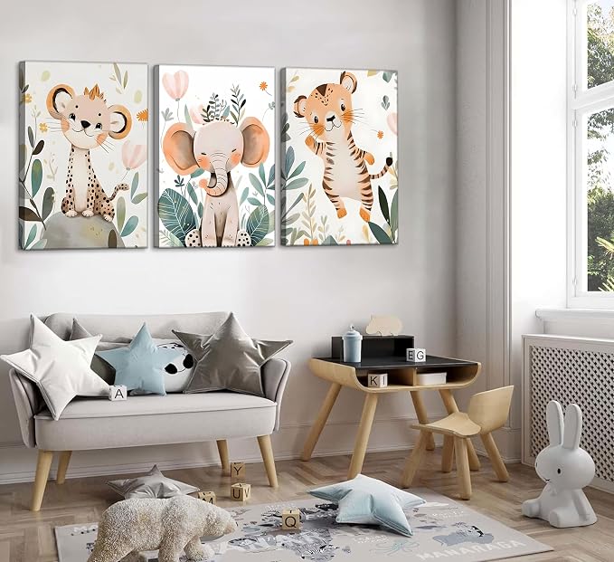 3 Pcs Safari Animals Nursery Canvas Wall Art Jungle Animals Cheetah Elephant - Image 5