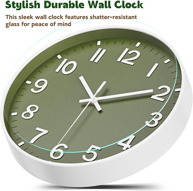 Silent Wall Clock Non-Ticking Battery Operated – Modern Olive Green Analog Wall - Image 6