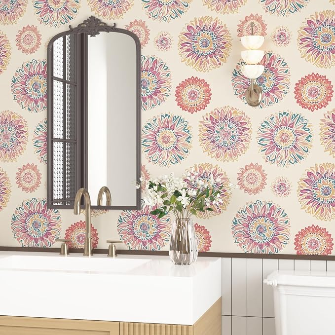 Beige Boho Wallpaper Peel and Stick, Vintage Circle Floral Contact Paper 17.5" - Image 8