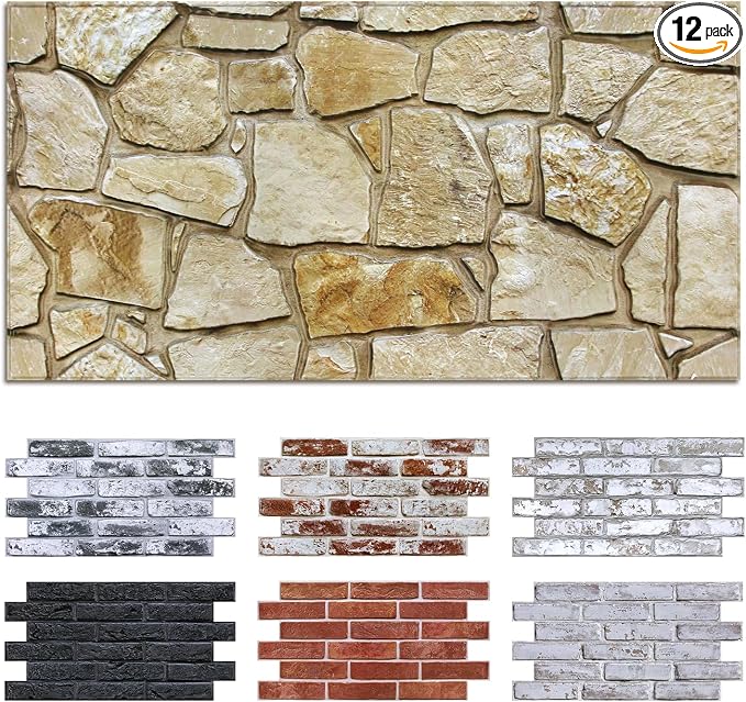 Commomy 12 pcs Faux Stone 3D Wall Panels Peel and Stick by CommomyDecor