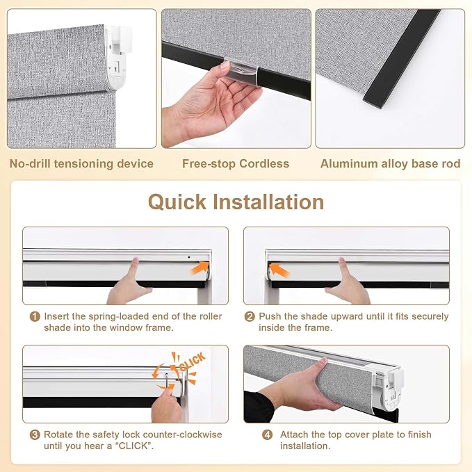 SUNOFF No Drill Tools Cordless Blackout Roller Shades Blinds - Image 2