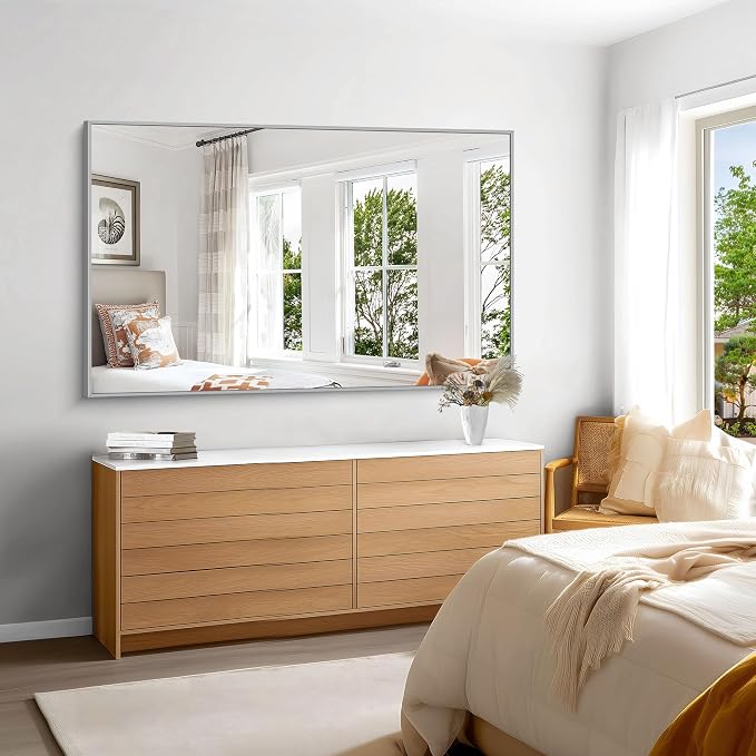 KOCUUY Silver Bathroom Mirror, HD Tempered Glass, Anti-Rust Brushed Silver Frame - Image 3