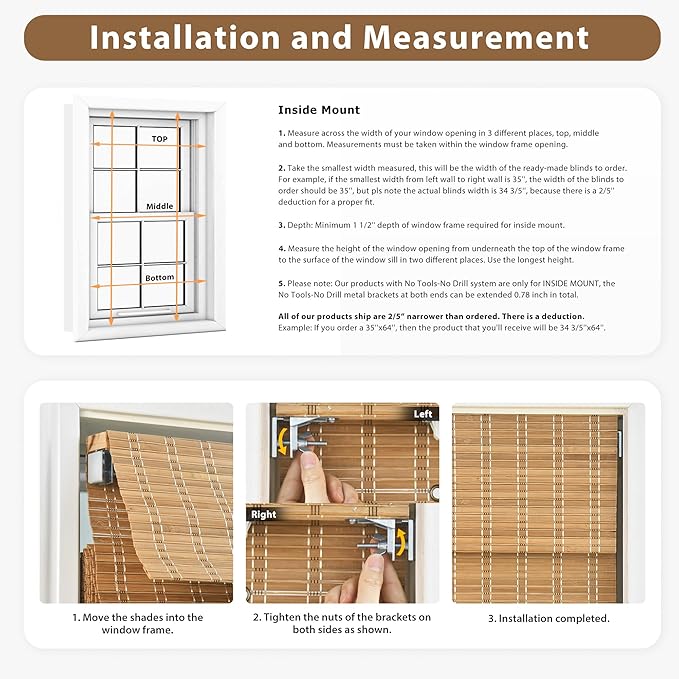 LazBlinds No Tools No Drill Cordless Bamboo Roman Shades, Privacy Window - Image 6