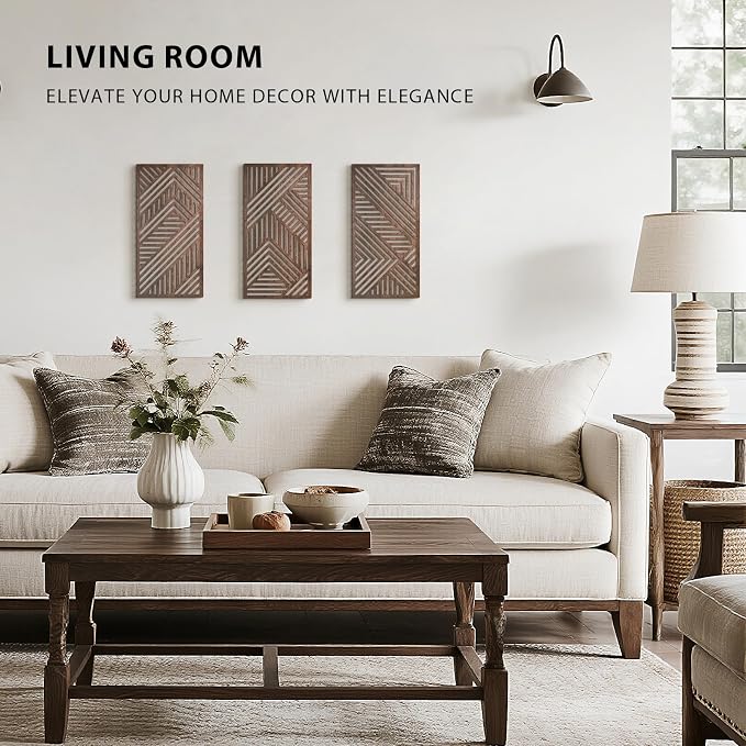 VIYYIEA Boho Solid Wood Carved Wall Art Set of 3, Geometric Minimalist Wooden - Image 5