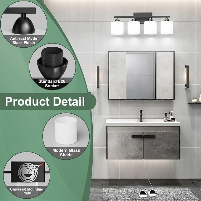 Black Bathroom Lighting Fixtures Over Mirror, 4-Light Anti-Rust Vanity Light - Image 4