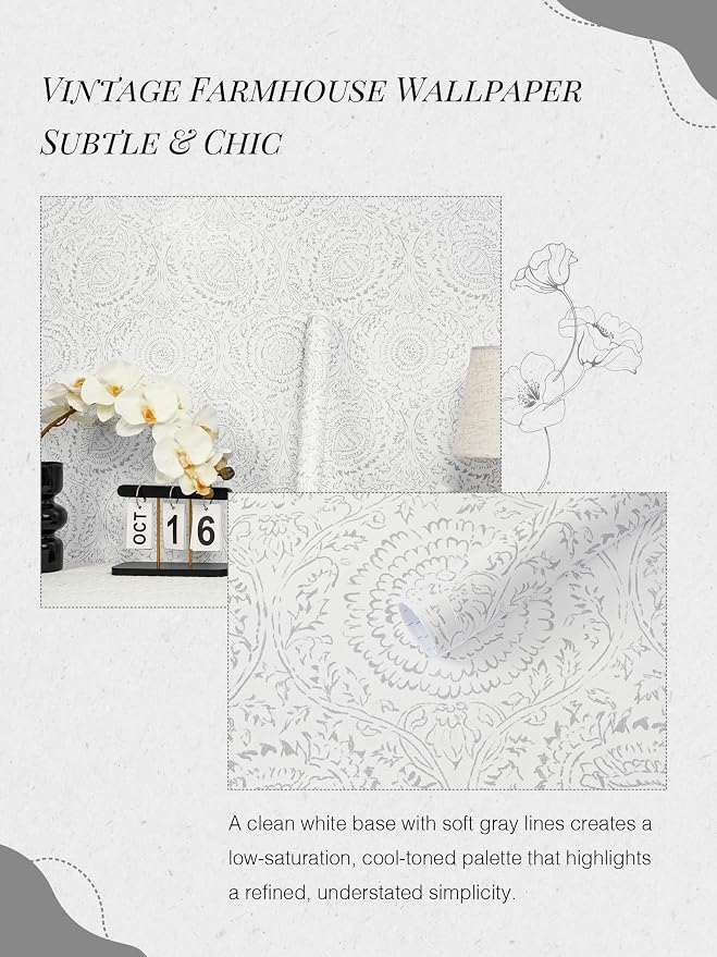 Heroad Peel and Stick Wallpaper Modern Floral Wall Paper Boho Grey Contact - Image 9