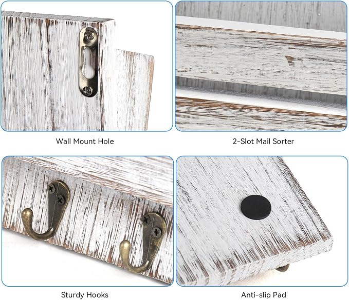 Mail Organizer Wall Mount with 4 Key Hooks, Rustic Wooden Hanging Mail Sorter - Image 3