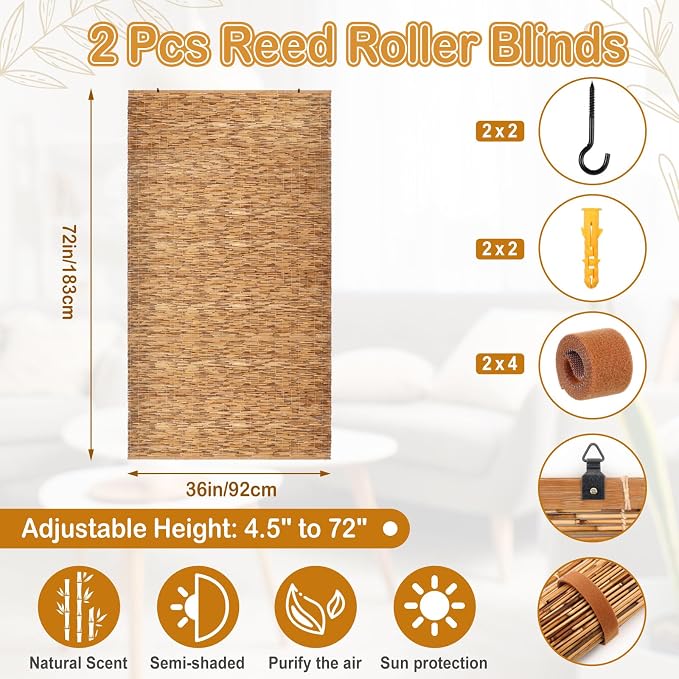DoubleFill 2 Pcs Bamboo Shades Outdoor Reed Roll Up Blinds 36" W x 72" H - Image 2