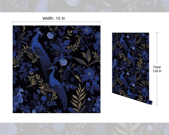 FLFK Black and Dark Blue Peacock Wallpaper, Peel and Stick Wall Mural - Image 2