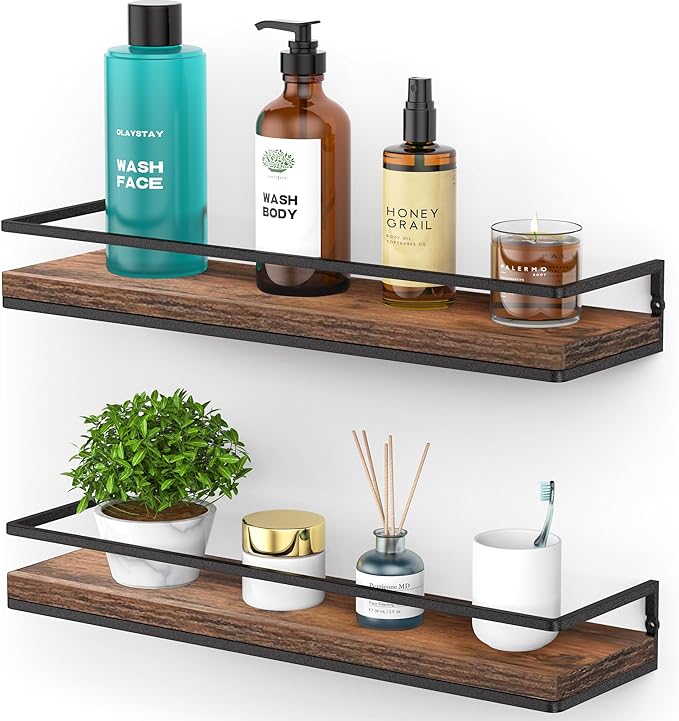Meangood Floating Shelves Wall Mounted Set of 2, Rustic Wood Wall Storage by Meangood